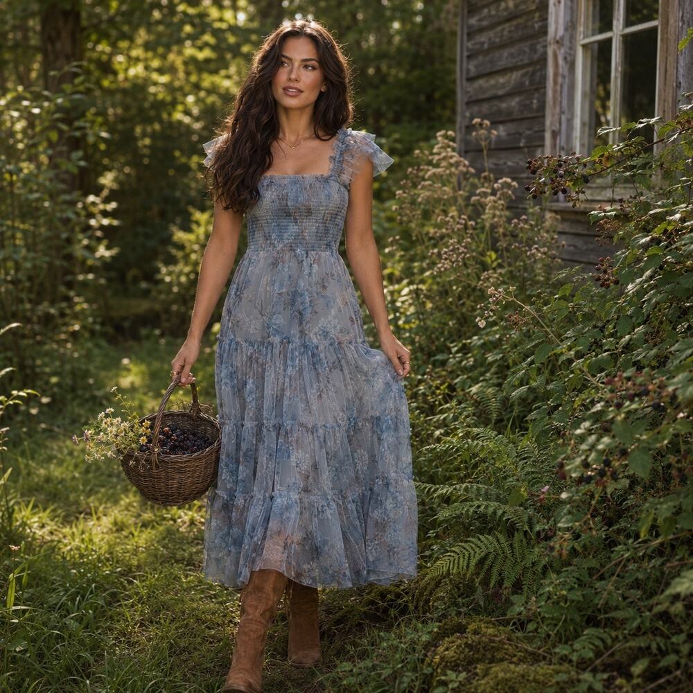 Baltic Born Clementine Dusty Blue Floral Tulle Midi Fairy Whimsy Dress L